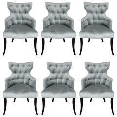 Set of Six 1940's Klismos Tufted Back Dining Chairs in Smoked Platinum Velvet