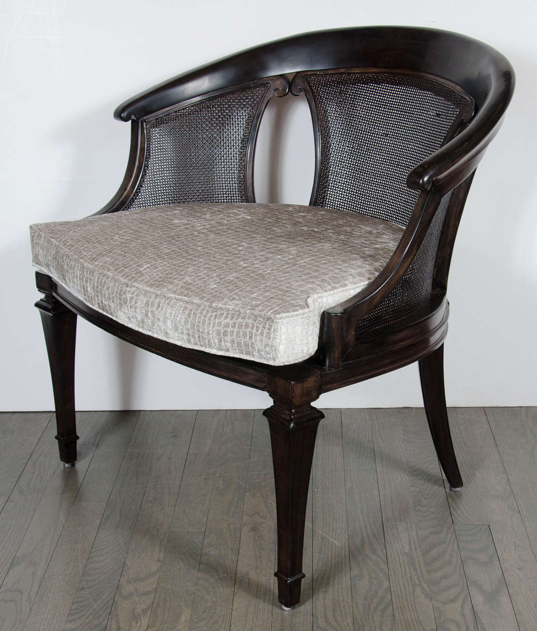Mid-20th Century Chic Pair of Mid-Century Modernist Ebonized Walnut & Cane Occasional Chairs