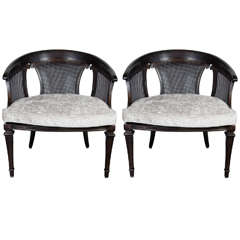 Chic Pair of Mid-Century Modernist Ebonized Walnut & Cane Occasional Chairs