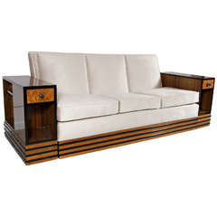 Art Deco Streamlined Sofa and Tables in Book Matched Walnut & Black Lacquer