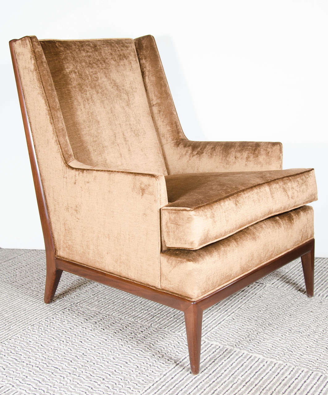 Velvet Mid-Century Modernist Chair and Ottoman in the Manner of Dunbar