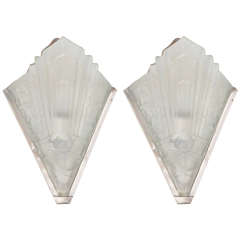 Pair of Art Deco Sconces with Frosted Relief Glass & Brushed Nickel Fittings