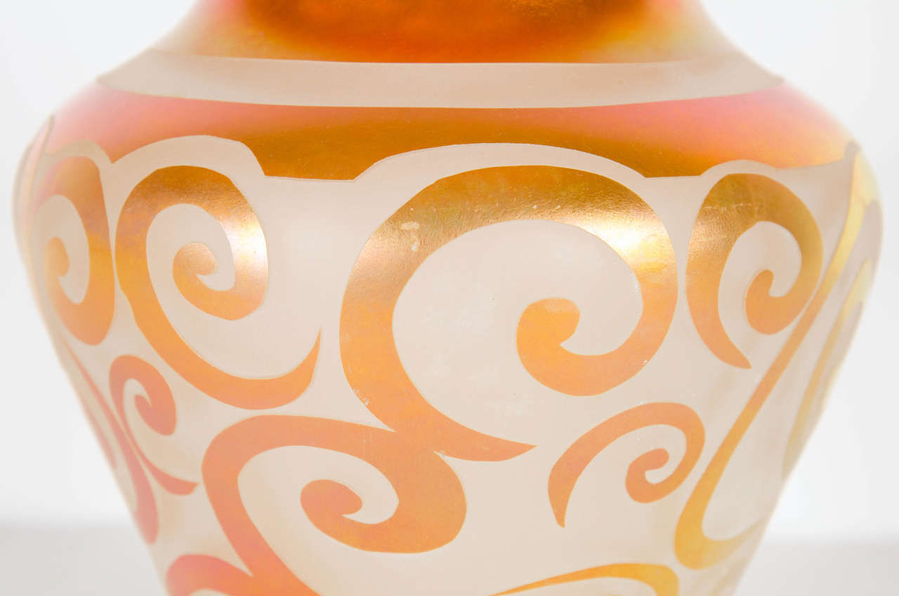 American Exquisite Copper Iridescent hand Blown Relief Art Glass Vase