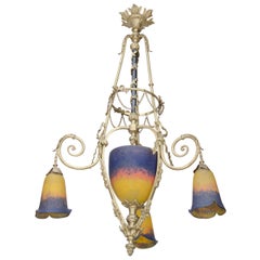 Antique Exquisite Art Deco Bronze and Art Glass Chandelier by Muller Freres