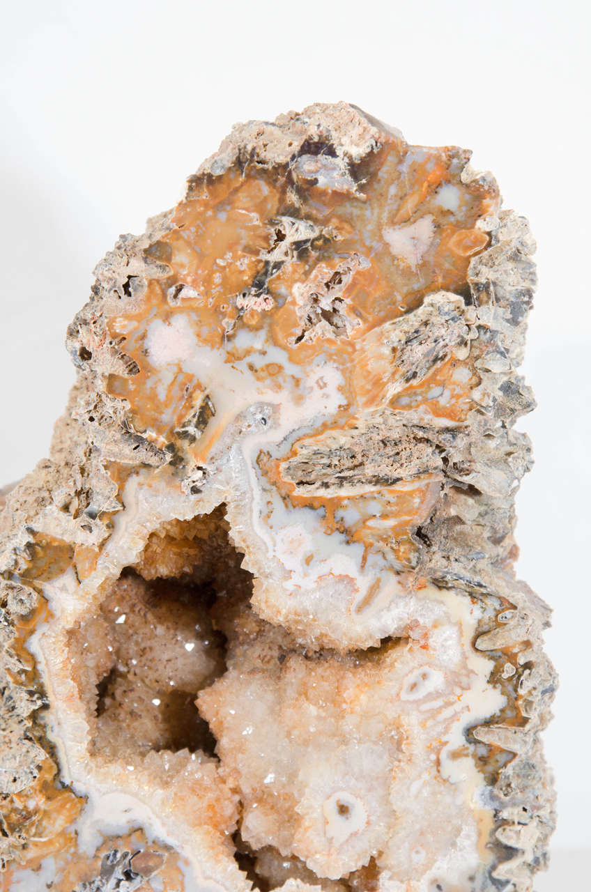 Organic Modern Organic Sliced Agate Stone Geode Specimen With Citrine Crystalline Center