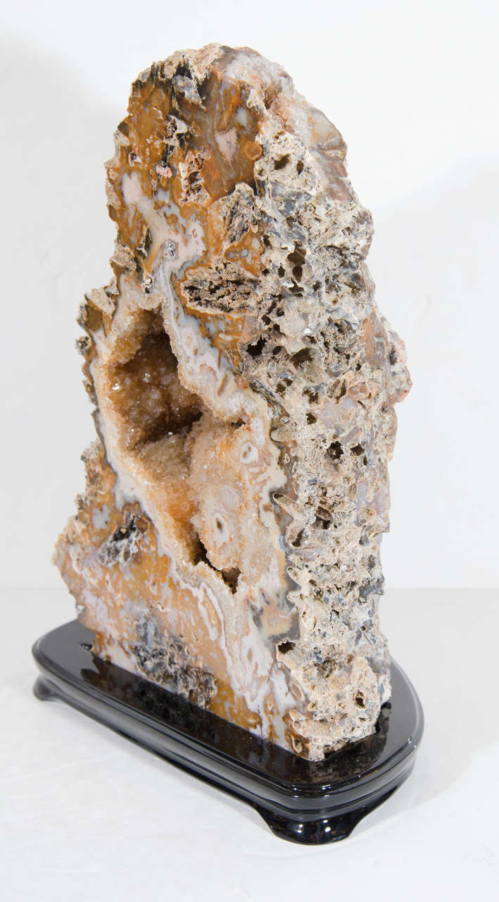 Organic Sliced Agate Stone Geode Specimen With Citrine Crystalline Center In Excellent Condition In New York, NY