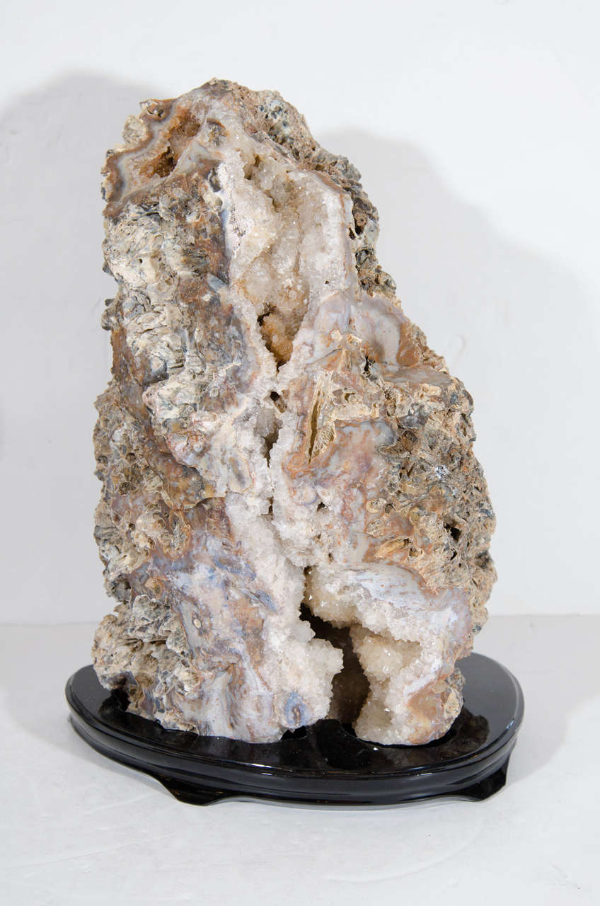 Rock Crystal Organic Sliced Agate Stone Geode Specimen With Citrine Crystalline Center