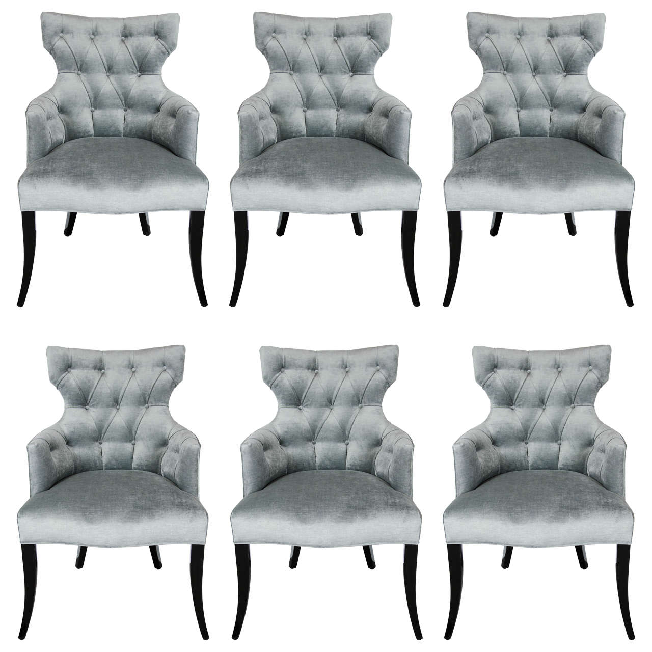 Set of Six 1940's Klismos Tufted Back Dining Chairs in Smoked Platinum