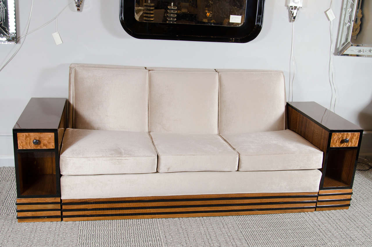 Art Deco Streamlined Sofa and Tables in Book Matched Walnut and Black