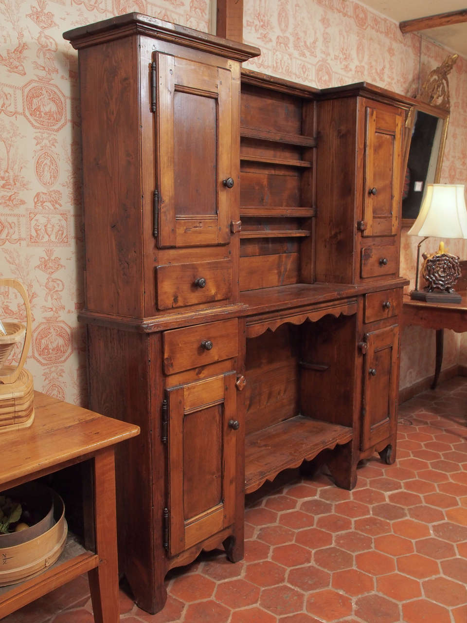 19th Century French Meleze Wood Vaisellier form Haute Provence with Four Drawers and Four Cabinets.