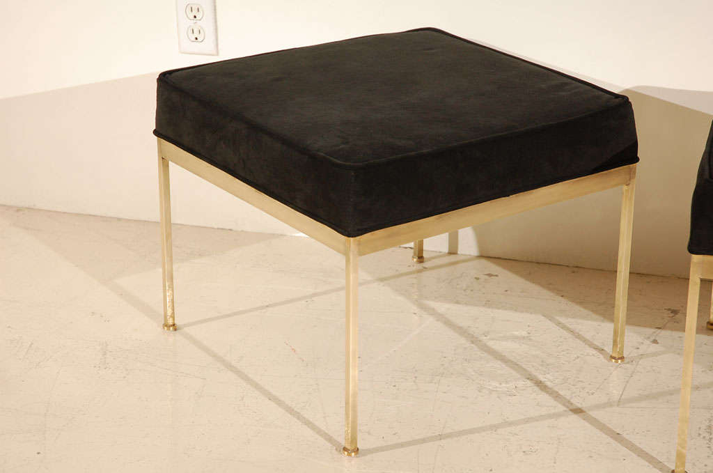 Contemporary Square Brass And Suede Ottomans