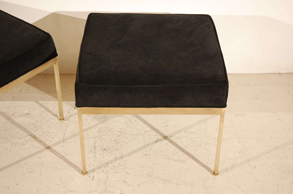 Square Brass And Suede Ottomans 3
