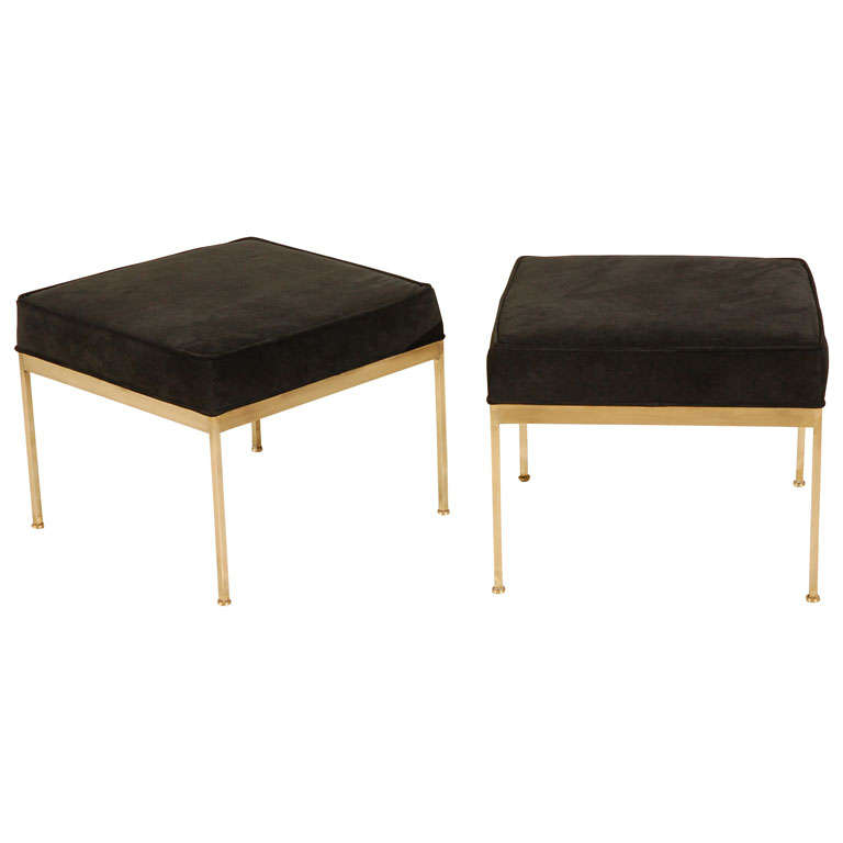 Square Brass And Suede Ottomans