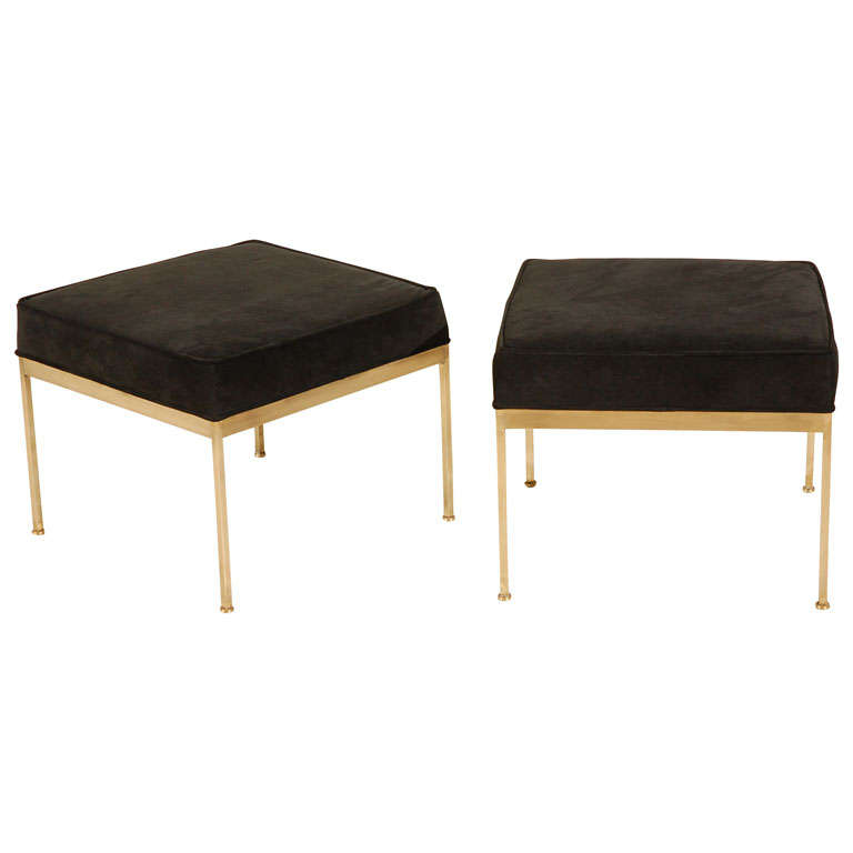 Square Brass And Suede Ottomans at 1stdibs