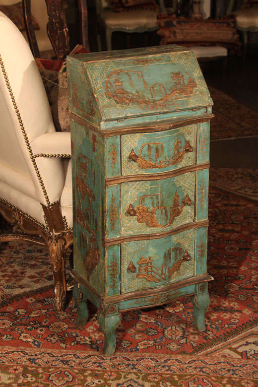 Early 19th century Venetian secretary/chest painted a blue-green with raised gesso chinoisrie decorations
