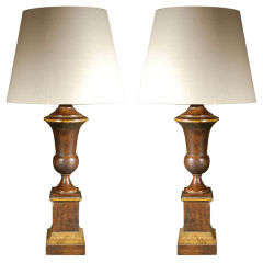 Pair of Large Wood Urn Lamps with Custom Linen Shades Pair of Large Wood Urn Lamps with Custom Linen Shades