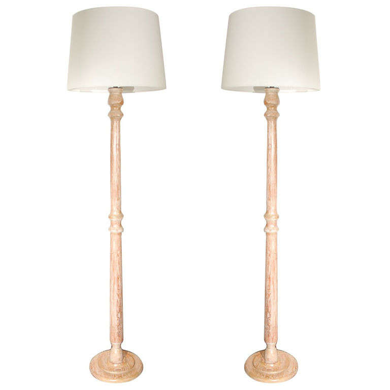 Pair of Custom Cerused Oak Floor Lamps with Custom Linen Shades