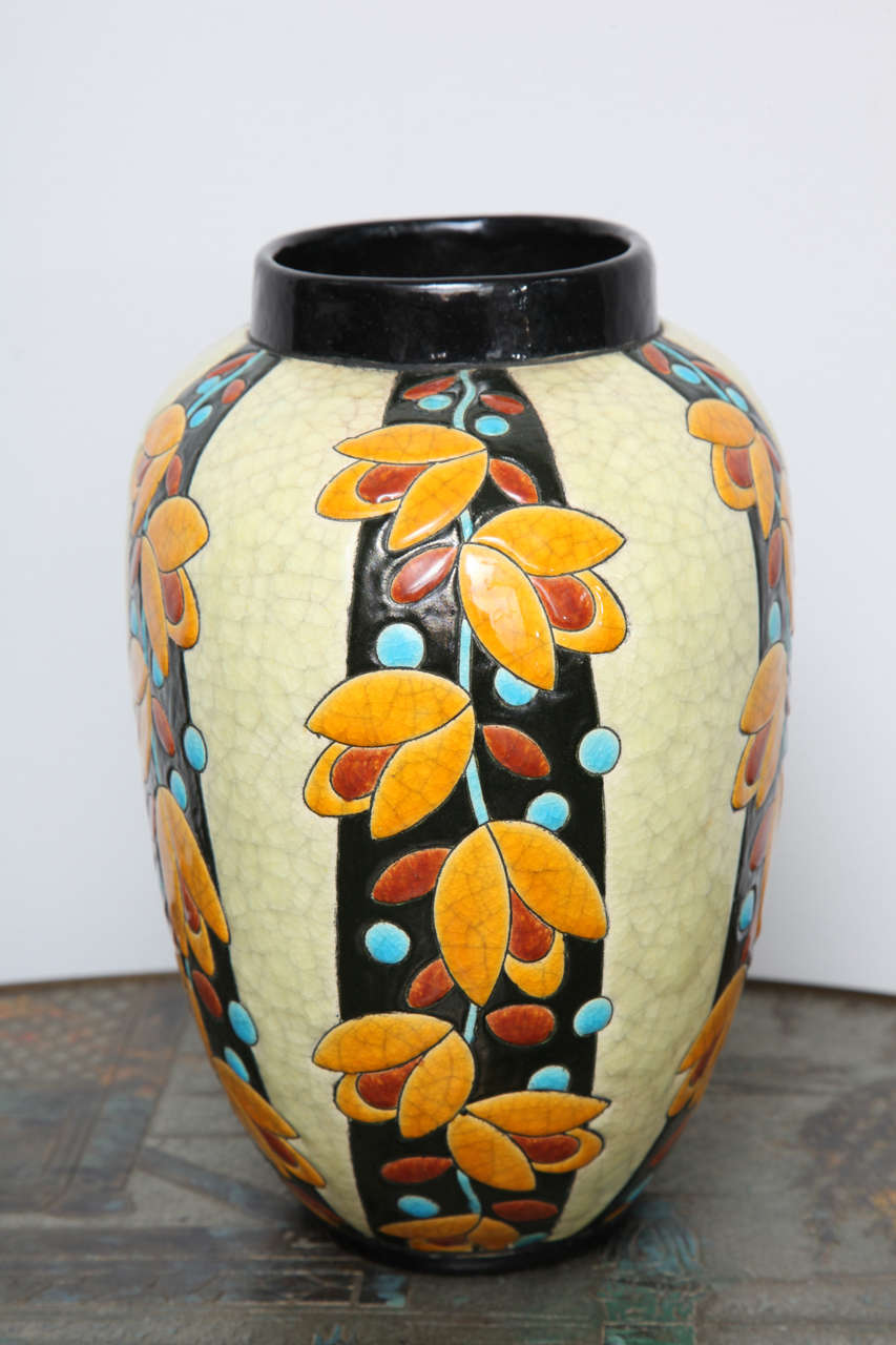 Art Deco Boch Freres Floral Decorated Crackle Glaze Vase