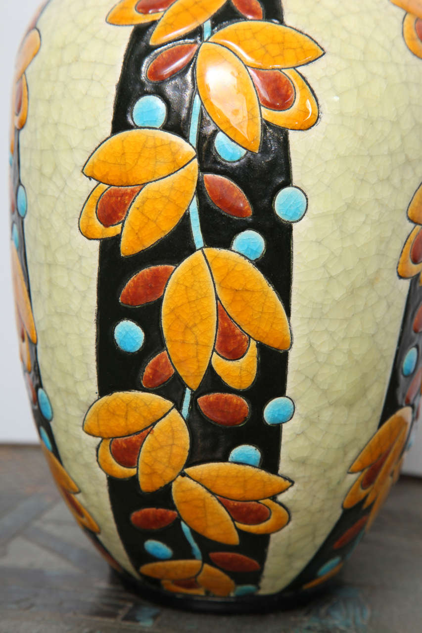 Belgian Boch Freres Floral Decorated Crackle Glaze Vase