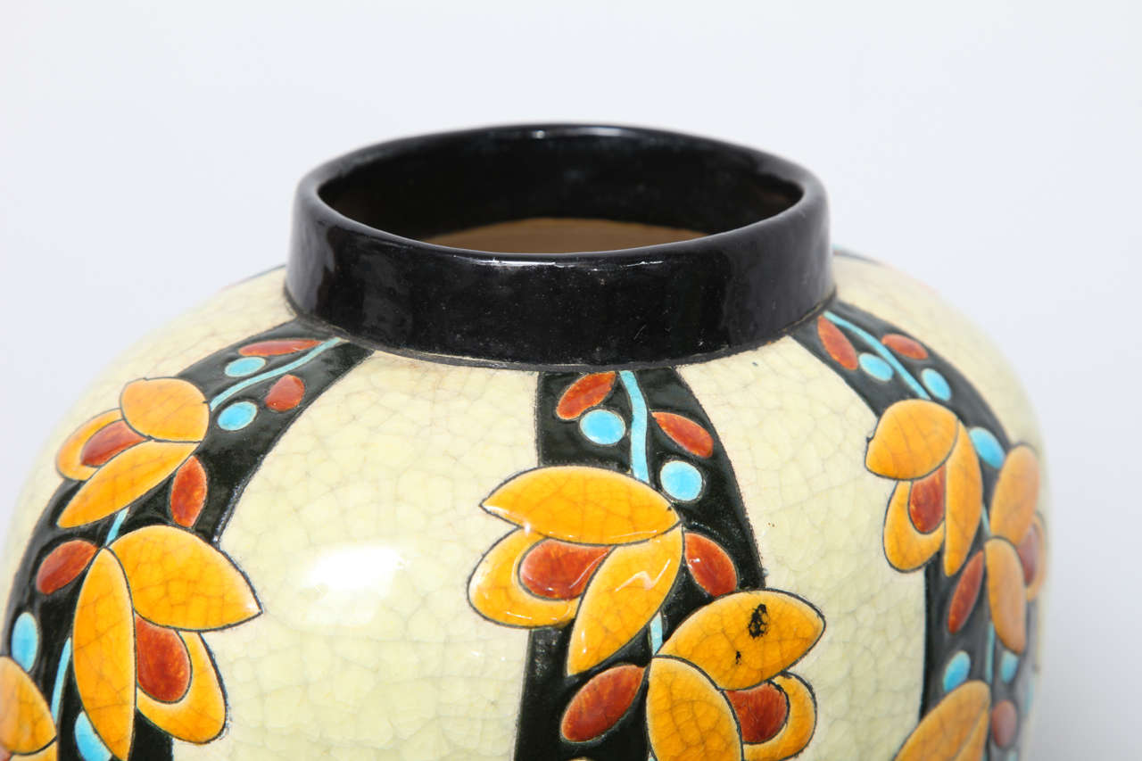 Boch Freres Floral Decorated Crackle Glaze Vase In Excellent Condition In New York, NY