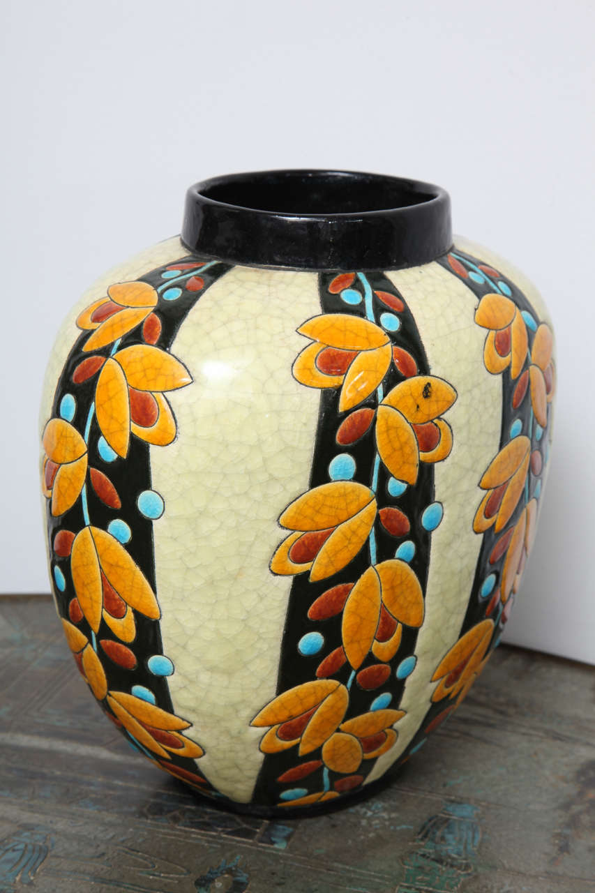 Ceramic Boch Freres Floral Decorated Crackle Glaze Vase