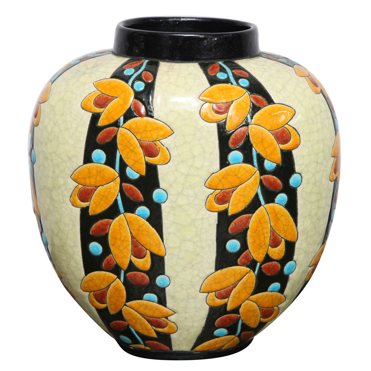 Boch Freres Floral Decorated Crackle Glaze Vase