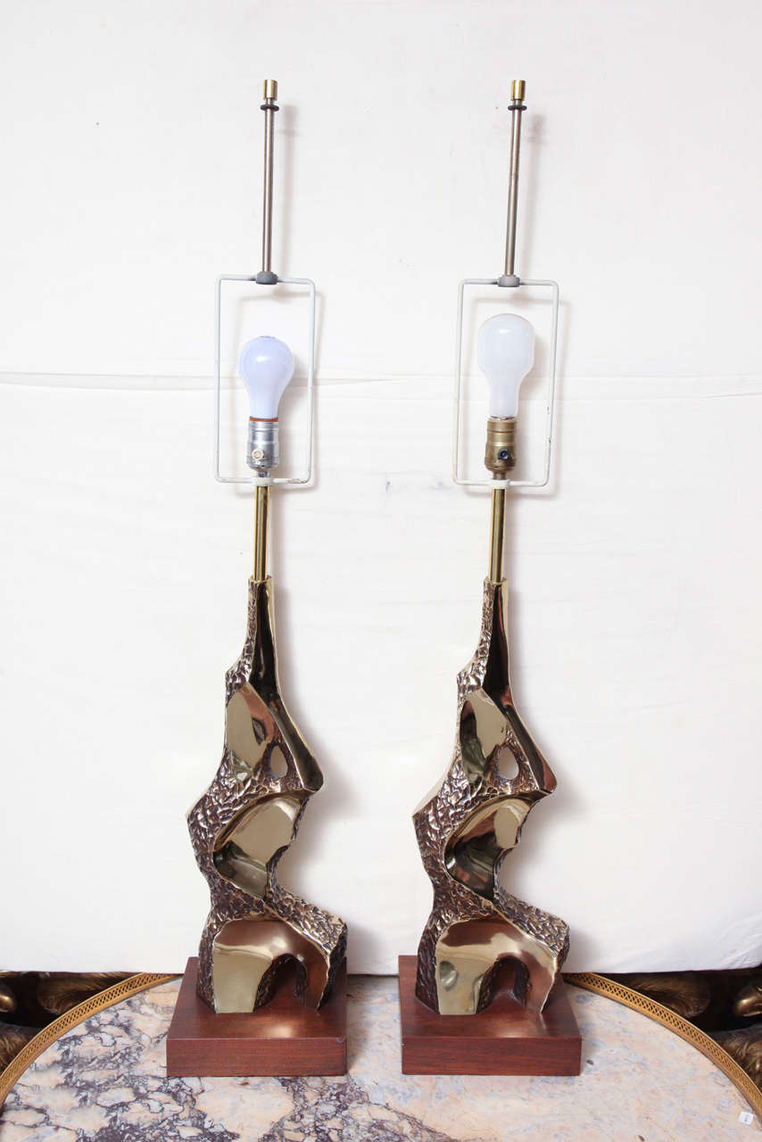 Pair of Brutalist style gilt metal lamps in style of  Paul Evans