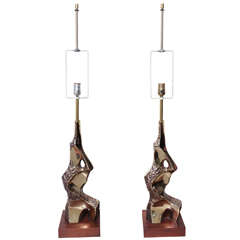 Pair of Brutalist style gilt metal lamps in style of  Paul Evans