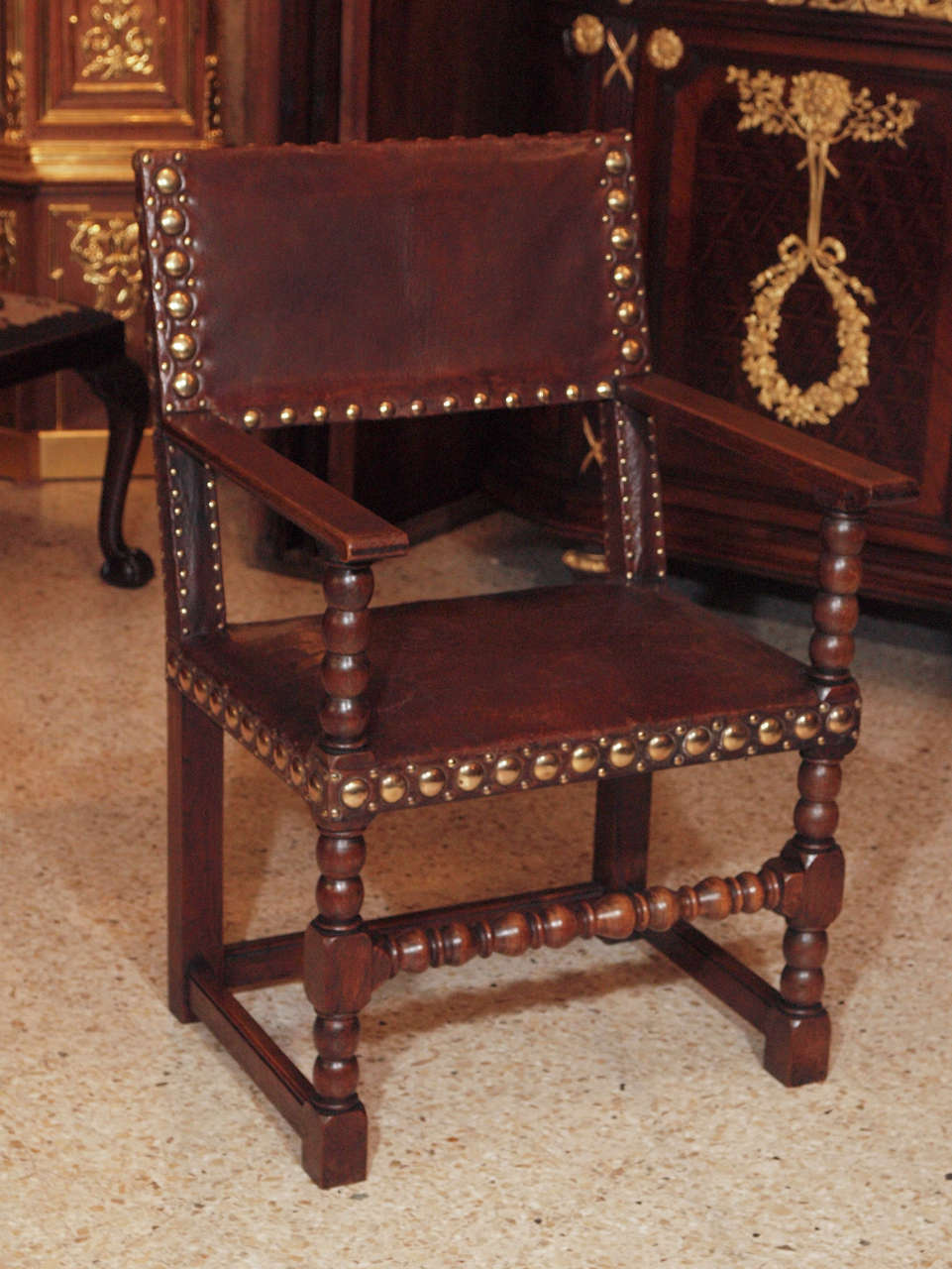 Set of 8 Antique English Oak and Leather Chairs with Brass Fittings In Excellent Condition In New Orleans, LA