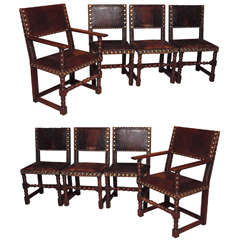 Set of 8 Antique English Oak and Leather Chairs with Brass Fittings