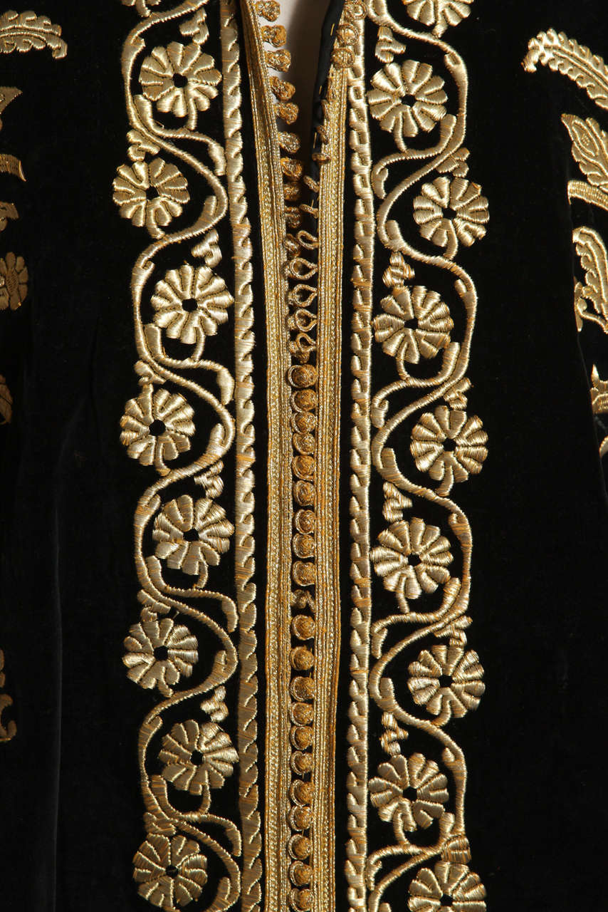 Moroccan Amazing Vintage Caftan, Black Velvet and Gold Embroidered ca. 1960s