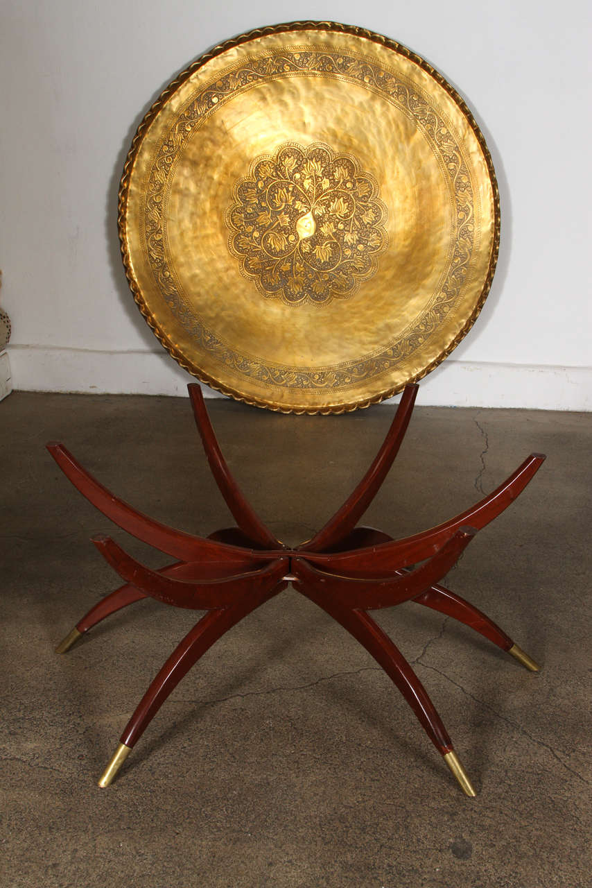 Large Moroccan Round Brass Tray Table on Folding Stand 45 in. In Good Condition In North Hollywood, CA