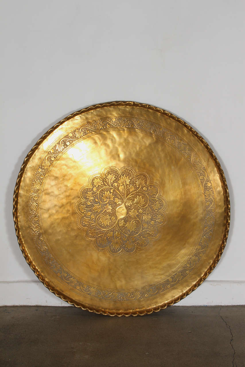 Mid-20th Century Large Moroccan Round Brass Tray Table on Folding Stand 45 in.
