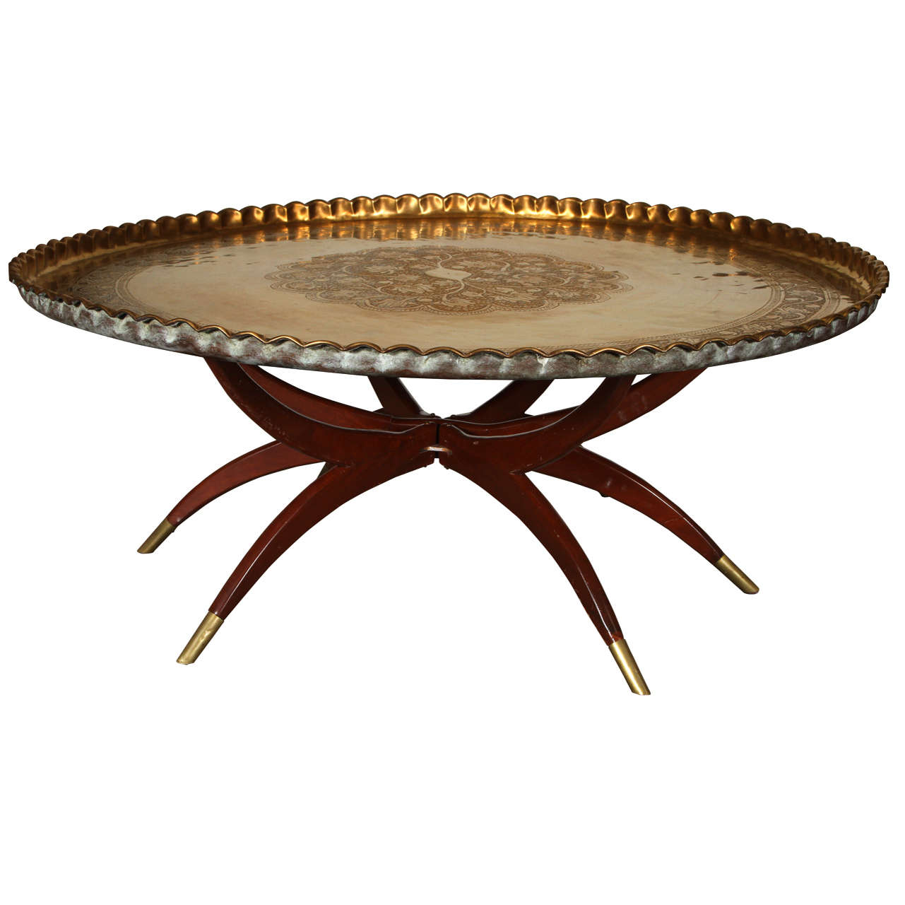 Large Moroccan Round Brass Tray Table on Folding Stand 45 in.