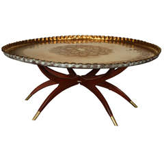 Retro Large Moroccan Round Brass Tray Table on Folding Stand 45 in.