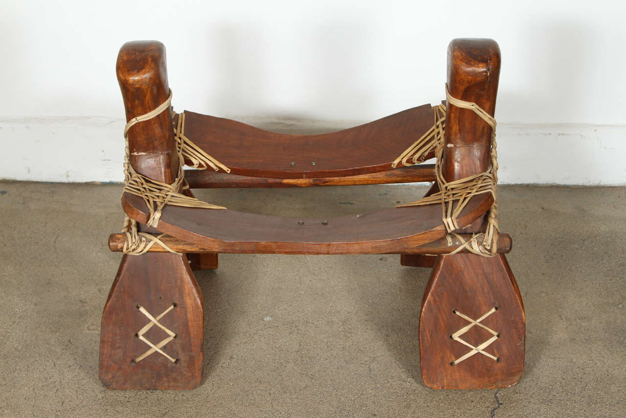 Wood Camel Saddle Seat, Footstool with Hide Cushion
