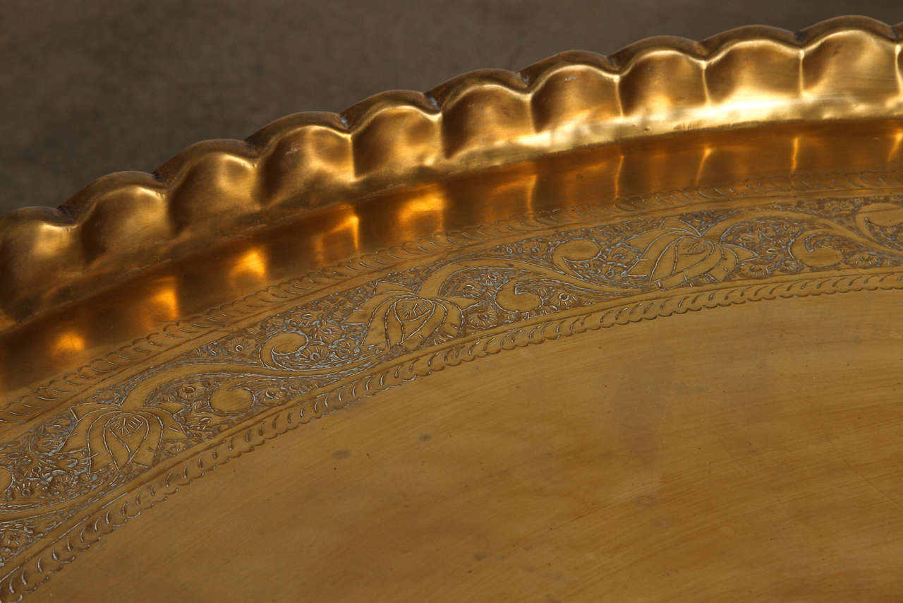 Large Moroccan Round Brass Tray Table on Folding Stand 45 in. at