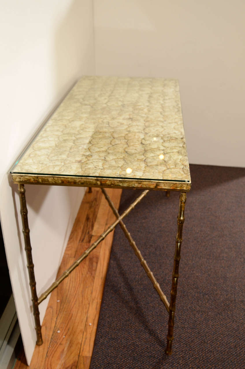 French Maison Baguès Style Console Table with Capiz Shell Top on Brass Faux Bamboo Base