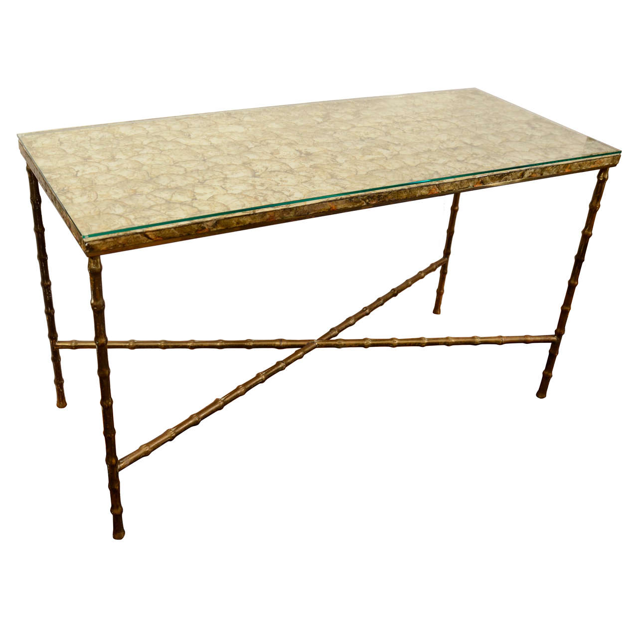 Maison Baguès Style Console Table with Capiz Shell Top on Brass Faux Bamboo Base