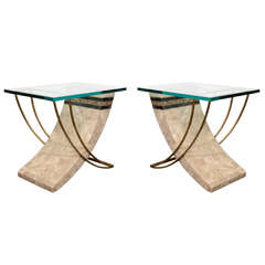 Pair of Mid Century Side Tables in Travertine and Brass