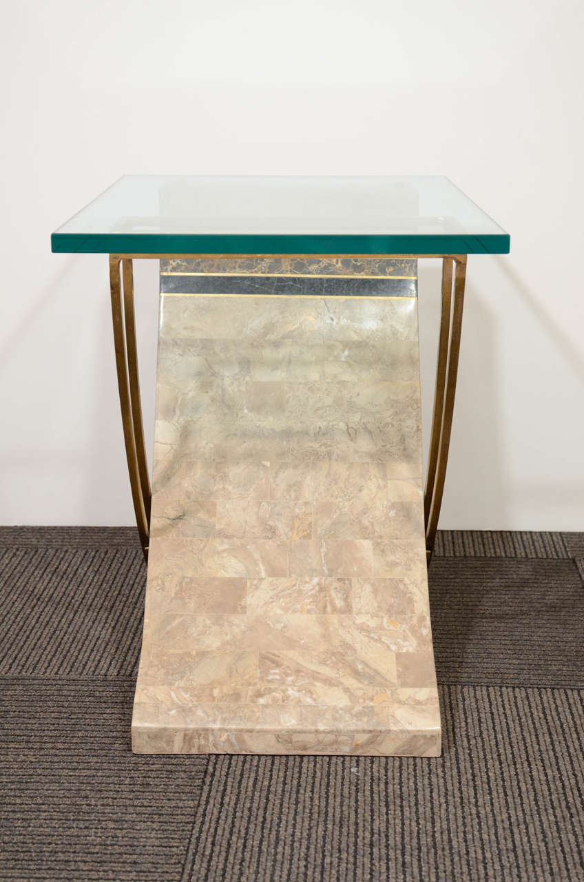 Pair of Mid Century Side Tables in Travertine and Brass at 1stDibs