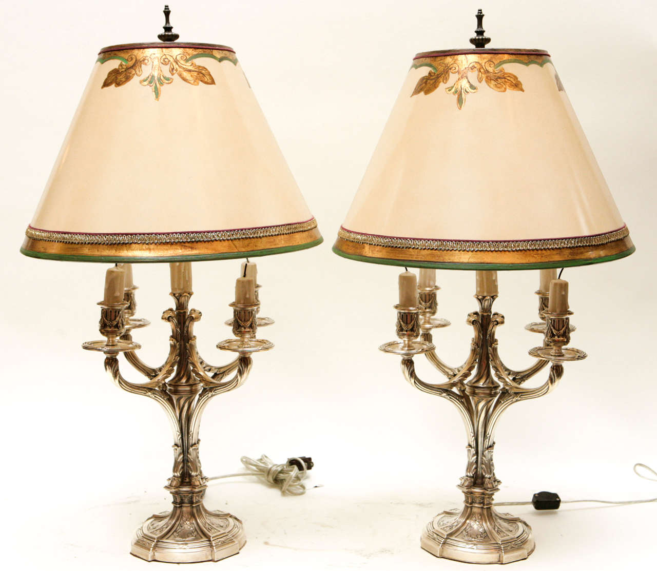 Pair of 19th c. French Silvered Bronze Candelabra Lamps