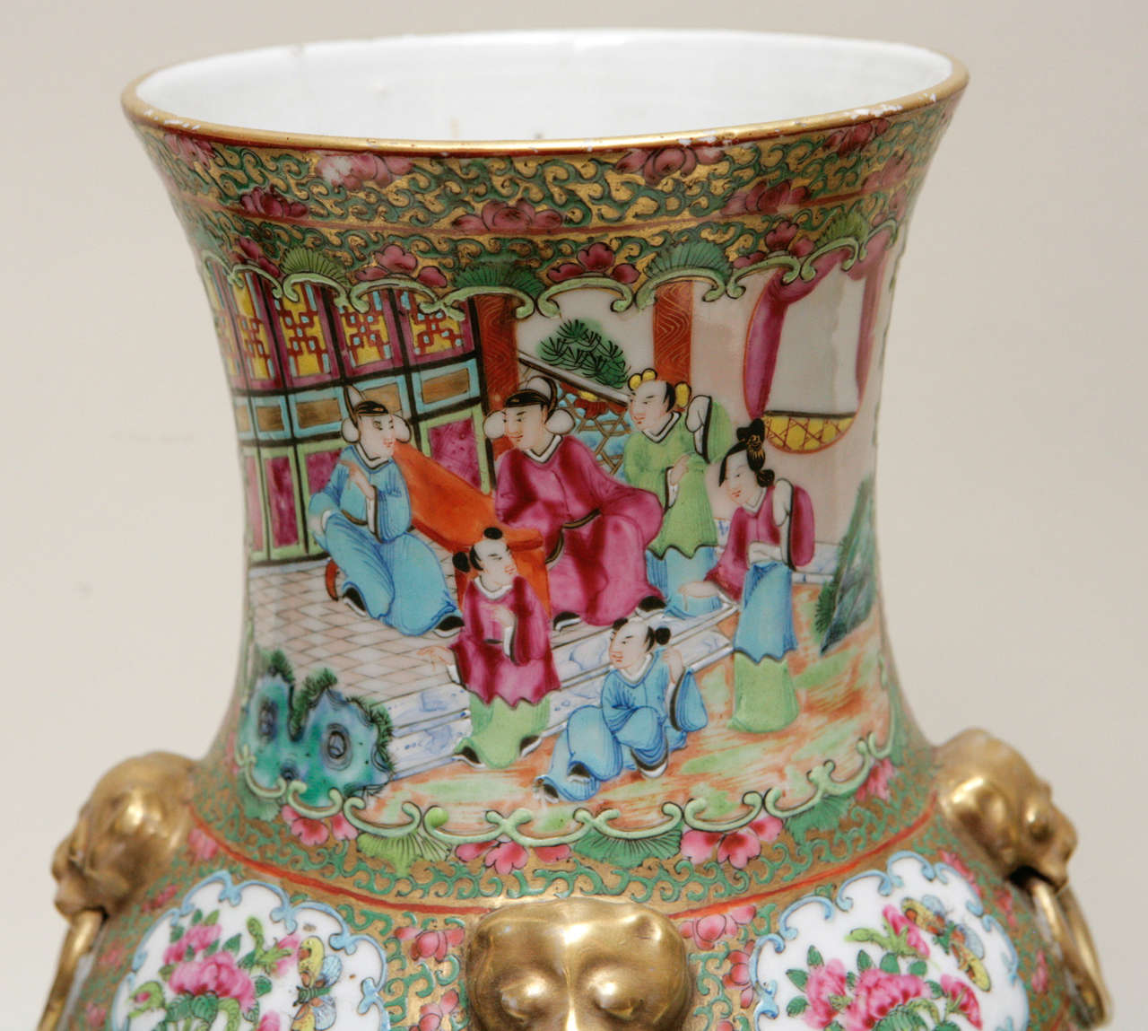 Porcelain Pair Of 19th C. Rose Medallion Vases