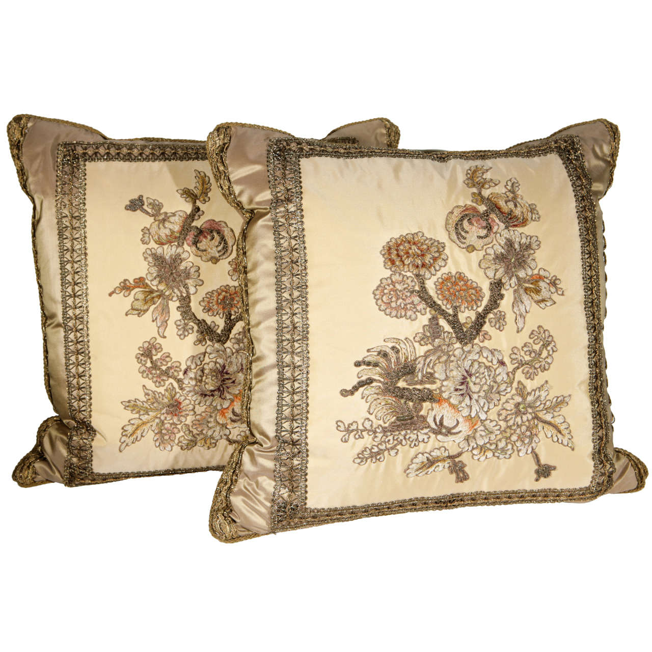Pair of 19th C. French Embroidered Pillows with Tassel Fringe at 1stdibs