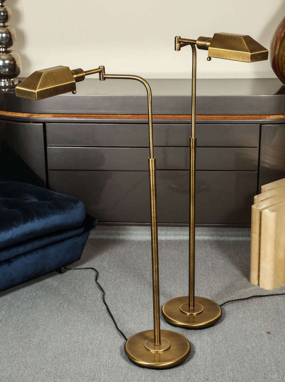 Very nice pair of pharmacy lamps in satin antiqued brass.