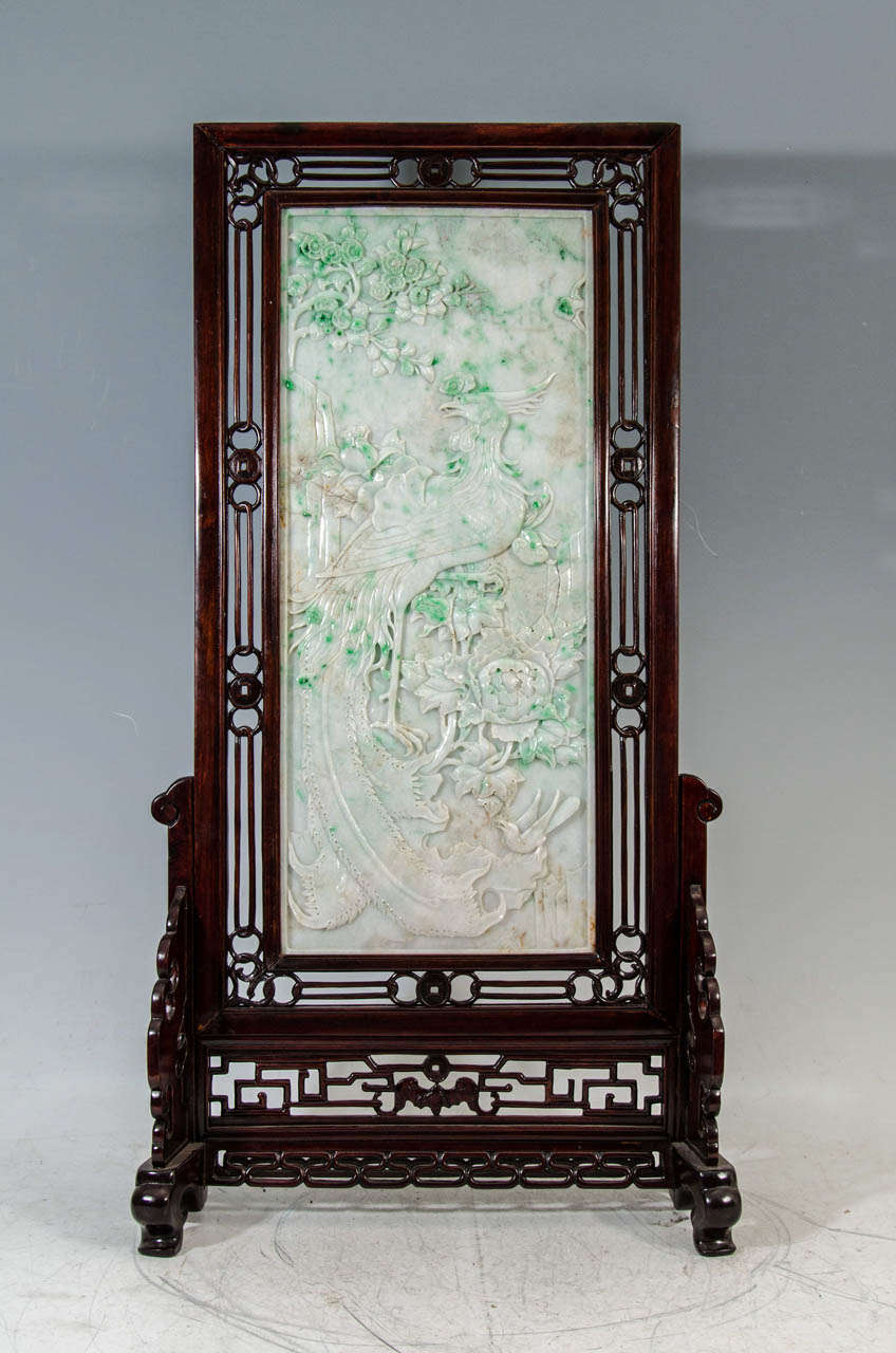 Large Jadeite Panel w/Carved Fretwork Frame & Chinese Hardwood Stand