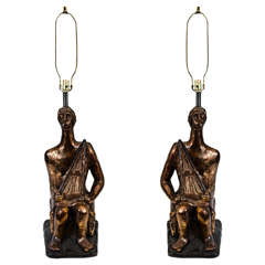 Incredible Massive Pair of Giacometti Style Figural Table Lamps by Pieri Tullio