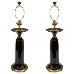 Mid Century Pair of Mastercraft Ceramic and Brass Table Lamps