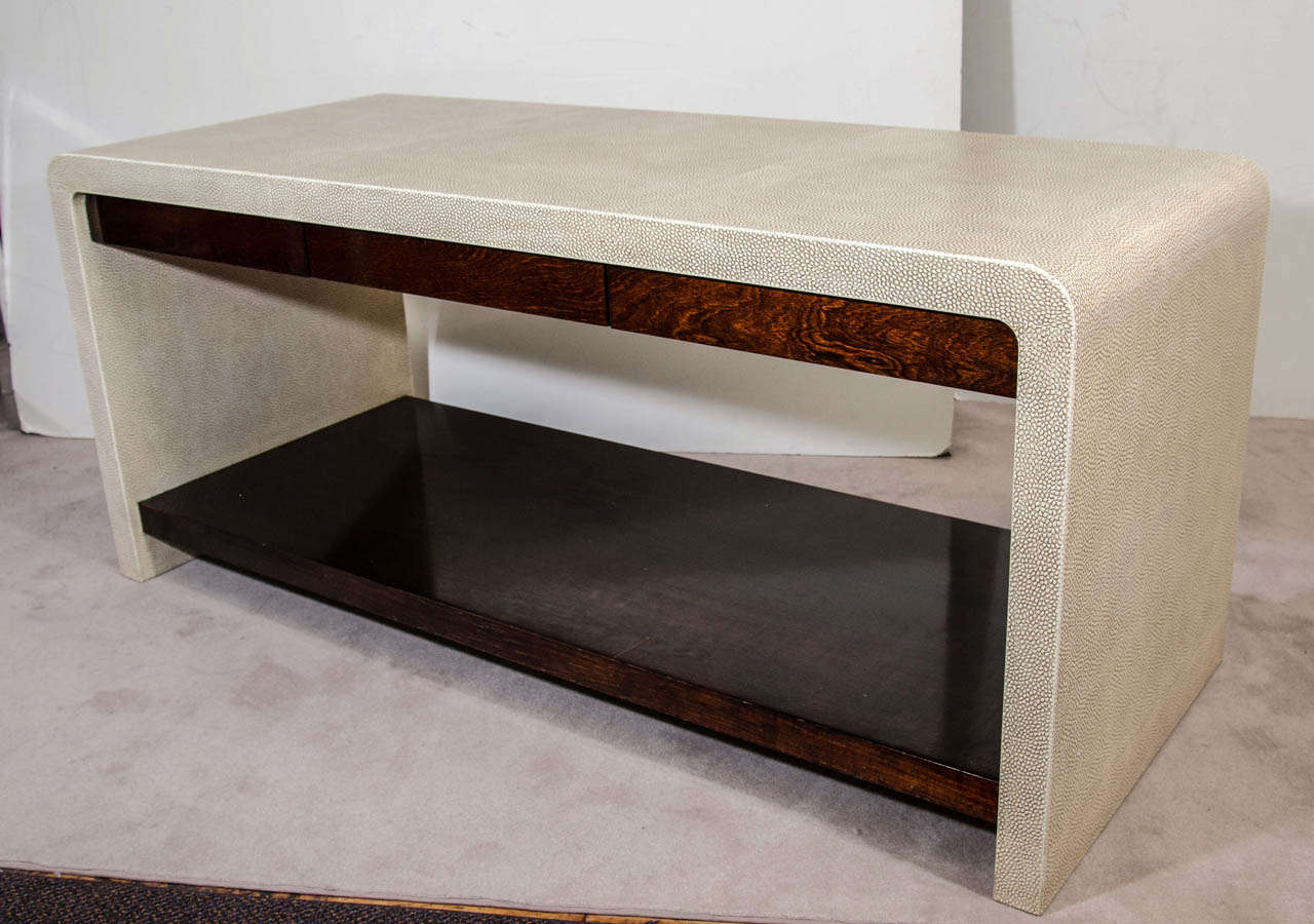 A vintage Karl Springer custom order three-drawer Sideboard or Serving Table made of solid Macassar wood and Stingray Shagreen.  The console retains its original label. Good vintage condition with age appropriate wear.