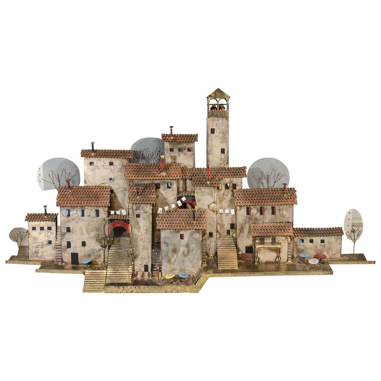 Amazing Colorful Wall-Mounted Mediterranean Village Sculpture by Curtis Jere For Sale